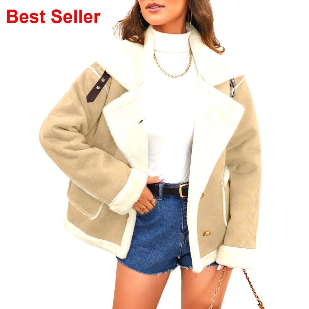 Faux Suede Sherpa Lined Jacket, Oversized Fur Lapel Winter Coat